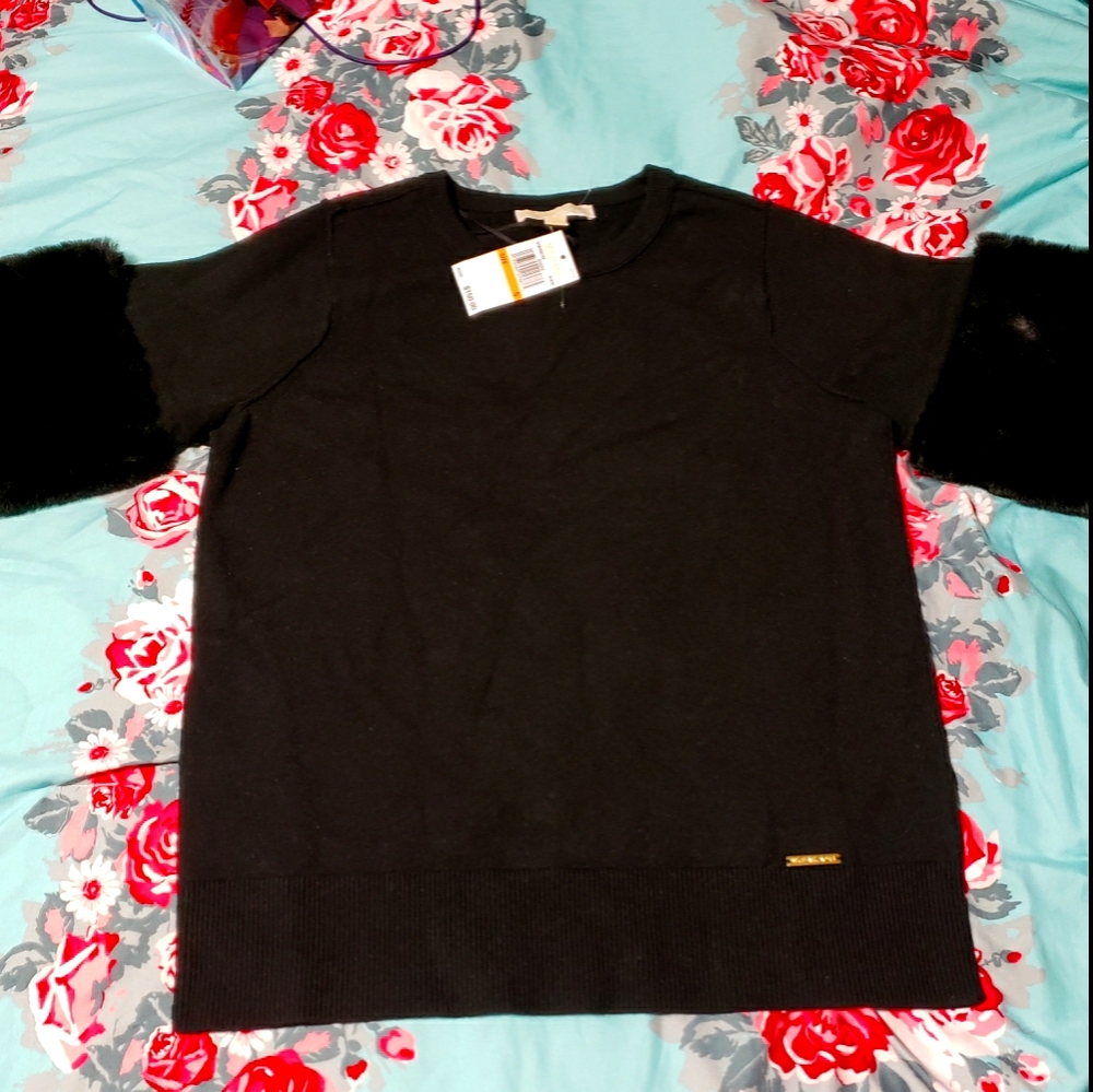 NWT! MICHAEL KORS DERBY FAUX FUR TRIM SHORT SLEEVE